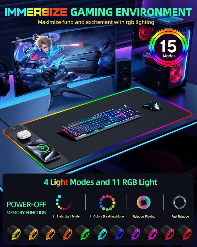 ExtreLife Mouse Pad with Wireless Charging, RGB Gaming Desk Mat, 31.5"x15.7" Large XXL Desk Pad, 15 Lighting Modes, Non-Slip Mouse Mat, Waterproof Computer Keyboard Pad, Black with 20W PD Power Adapter - Image 3
